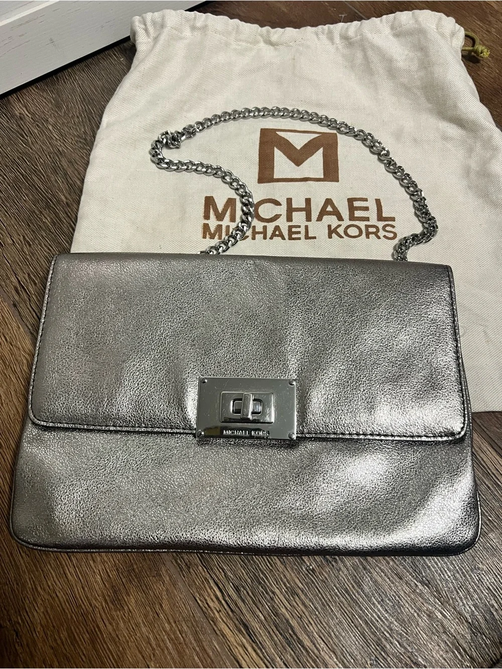 Michael Kors Sloan Metallic Silver Leather Turnlock Shoulder Bag Clutch